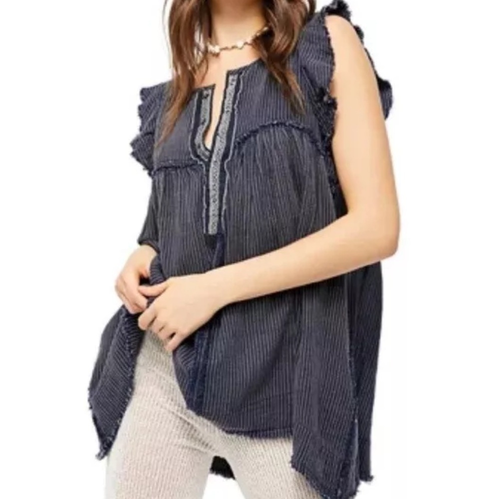 Free People Navy Pinstripe Ruffle Sleeve Peasant Top